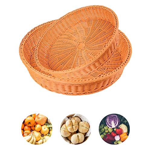 Plastik Rattan Brotkorb,Qiundar 2 Stück Obstkorb Rattan Rund Auslagekorb Geflochten Aufbewahrungskorb Bread Basket für Küchen Tabelle Kaffee Geschäfte(25 * 7 Cm, 30 * 7 Cm) Cover