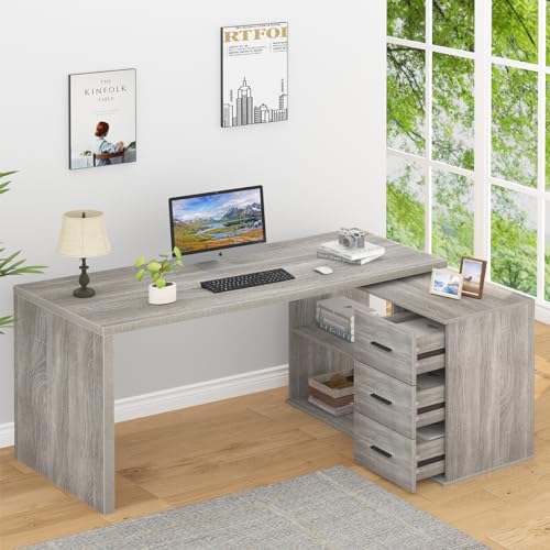 Image of HSH Grey L Shaped Computer Corner Desk with 3 Storage Drawers 60 inch | Reversible Home Office Corner Desk with 2 Open Side Shelves Modern Wood Executive L Desks for Bedroom,Study Workstation
