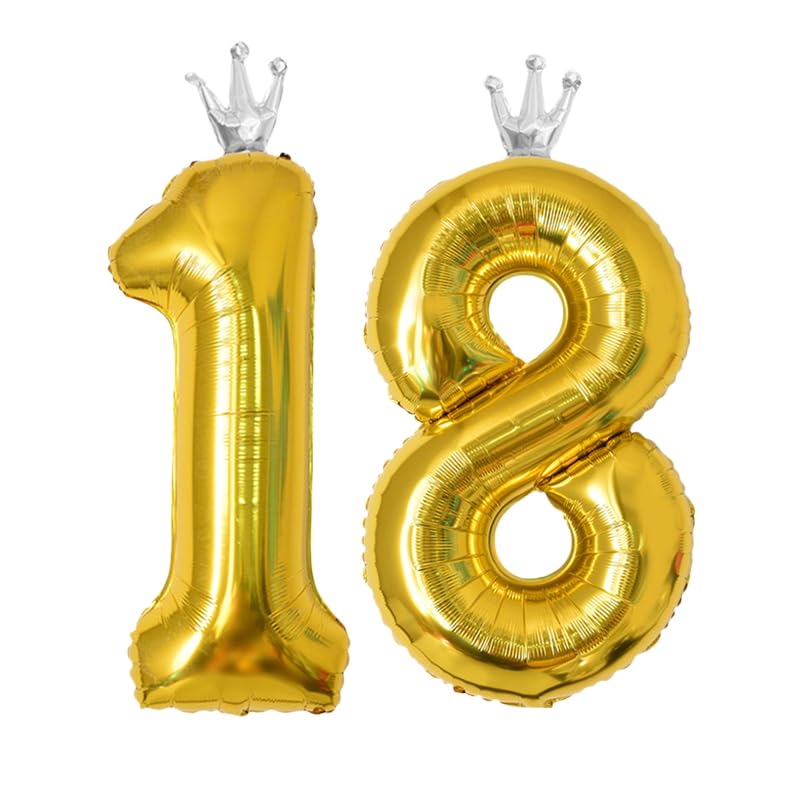 40 Inch Gold Crown Number 18 Balloons, 18th Large Foil Helium Balloons,Silver 18th Celebration Decor Happy 18th Birthday Party,18th Birthday Party Decoration Wedding Anniversary Events Supplies
