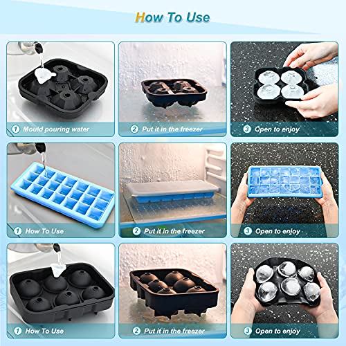 Ice Cube Trays, Silicone Ice Cube Molds for Freezer with Lid (Set of 3), 6 Ball Ice Cube Tray, 4 Diamond & 21-Ice Trays, Reusable Whiskey Ice Mold, DIY, BPA Free, Freezer