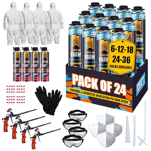 Spray Foam Insulation Kit for Walls & Attic -24 Pack Foam Insulation Spray - 480 Board ft/sq.ft. Heat & Sound Control, Energy Saving, Seal Gaps & Cracks Complete Kit with 4 Guns, Cleaner & Safety Gear