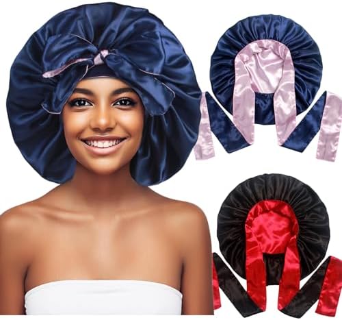 2pcs Extra Large Satin Bonnets for Women, Double Layer Hair Bonnet with Tie for Sleeping Braids Curly Hair, D