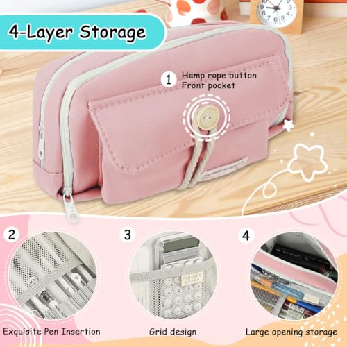 Image of Zibuyu Aesthetic Pencil Pouch for Girls & Boys Double Layer Zip-Up School Pouch, Canvas Pen Storage Organizer Fashion Stationery Pouch for Students, Office Supplies(21x11x7.5cm, Pink)