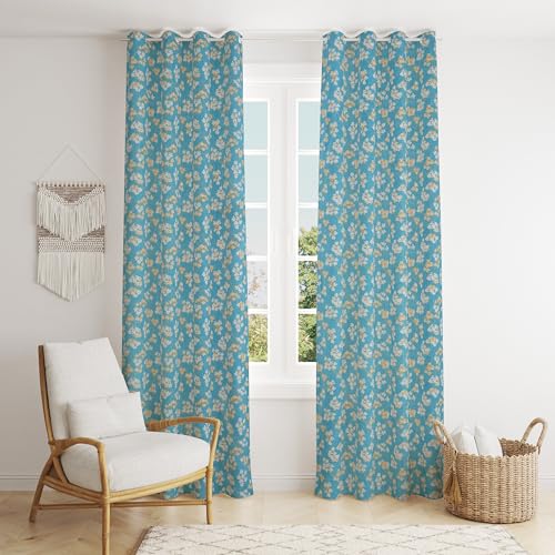 Image of Floral Printed Home Decor Curtains for Living Room, Bedroom Doors and Windows Panel, Parda, Eyelets Hanging, Aqua Blue, 4 x 6 Feet, Pack of 2