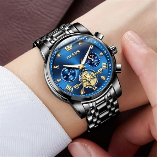 Image of OLEVS Watch for Man Analog Quartz Skeleton Chronograph Diamond Watches Stainless Steel Moon Phase Calendar Waterproof Dress Watches