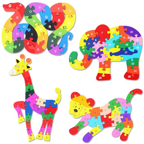 Image of Yunsailing 4 Pcs Alphabet Jigsaw Puzzle Wooden Blocks Toys Alphabet Educational Toddler Puzzle Toys for Preschool Learning Party Favor Gift Learning(Giraffe, Snake, Elephant, Leopard)