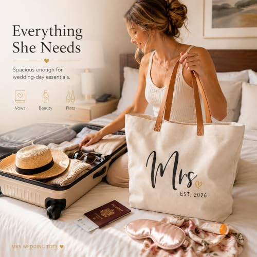 Image of ELEGANTPARK Mrs Gifts for Bride 2026 - Large Canvas Wedding Tote Bag with Zipper, Bridal Shower Gift for Bride to Be, Bachelorette Party Honeymoon Beach Bag