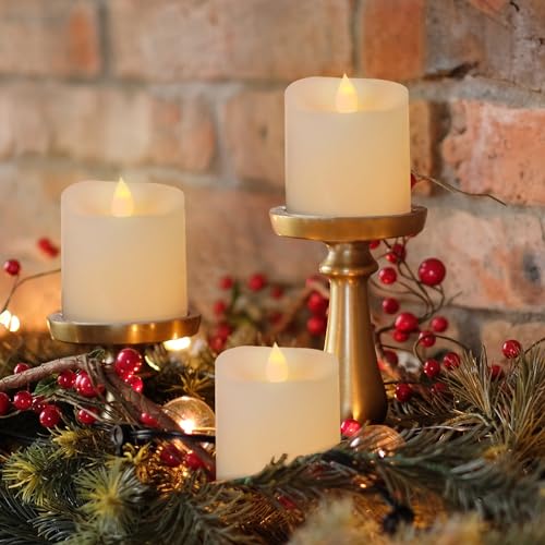 Image of 3x3 Flickering Flameless Candles Set of 3,3 inch Real Wax LED 600 Hours Battery Candles with Timer Remote,Control for Wedding Party Indoor,White