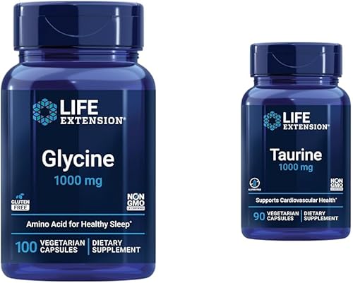 Life Extension Glicina 1000 mg, Promueve la Relajación y el Sueño Saludable & Taurina, Suplemento de Aminoácido de Taurina Pura, Salud del Corazón,
