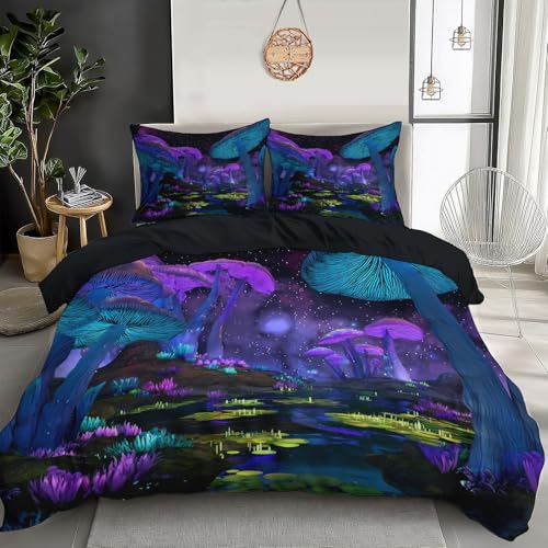 Housse de couette 240x260cm bleu-violet lac aux champignons en microfibre