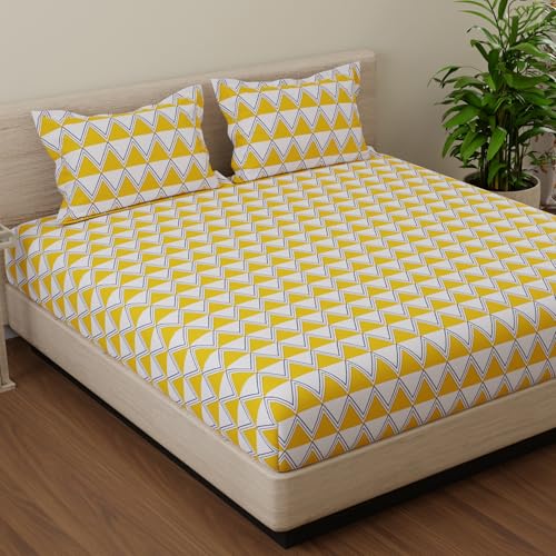 Image of Huesland by Ahmedabad Cotton 144 TC Cotton Elastic Fitted Bedsheet for Double Bed with 2 Pillow Covers | 60 x 78 inches