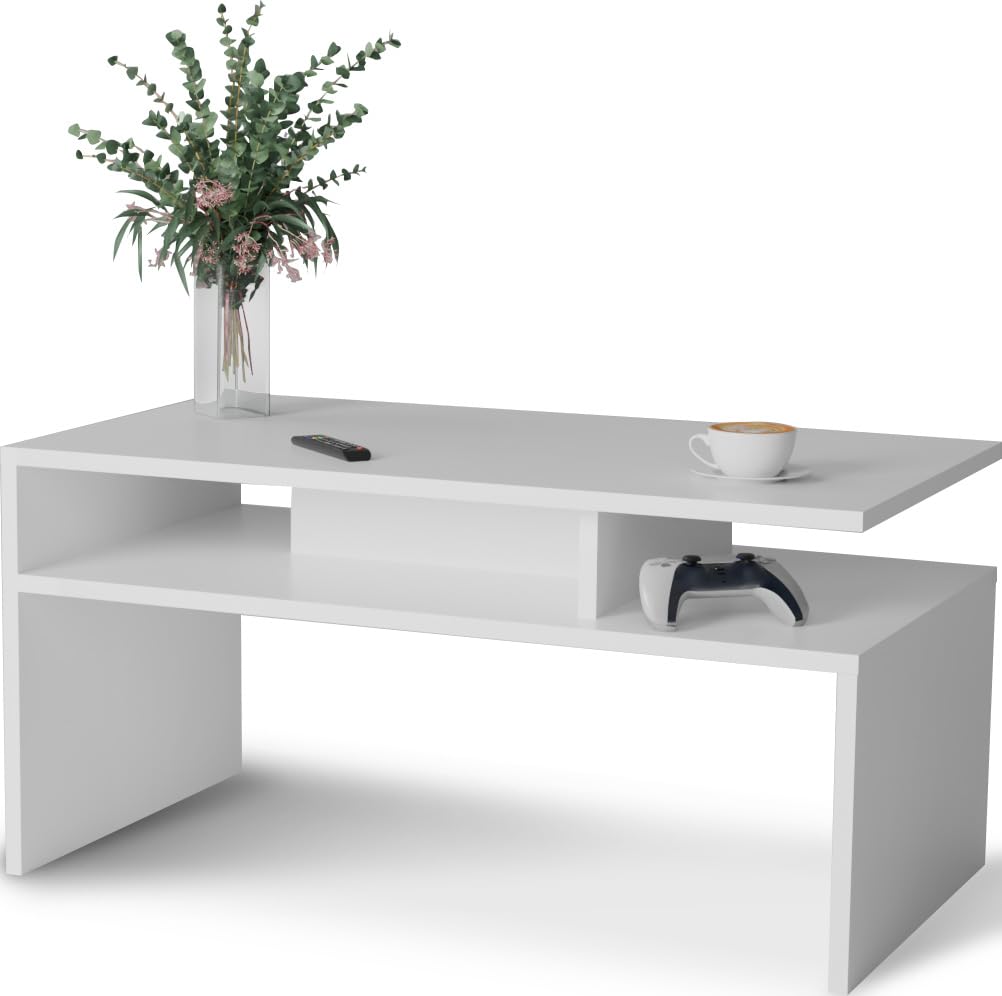 MeblePitus Couchtisch ST-4 Weiß – Moderner rechteckiger Wohnzimmertisch 90×50×45 cm im skandinavischen Stil – Sofatisch mit Ablagefach, robust & pflegeleicht