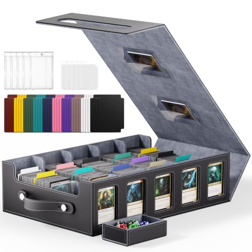 Image of Trading Card Storage Box, 4300+ MTG Deck Box with Magnetic Lid | Handle design with Commander and Toploader displays, dice box, dividers and labels for TCG, MTG, Yu-Gi-Oh! and sports cards