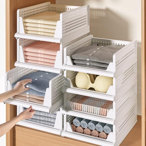 DongMaple 4 Stück Stapelbare kleiderschrank Organizer, Aufbewahrungsbox Kleiderschrank, Schubladen Organizer Kleidung, Schrank Ordnungssystem, Faltbar Schrank für Haus und Küche