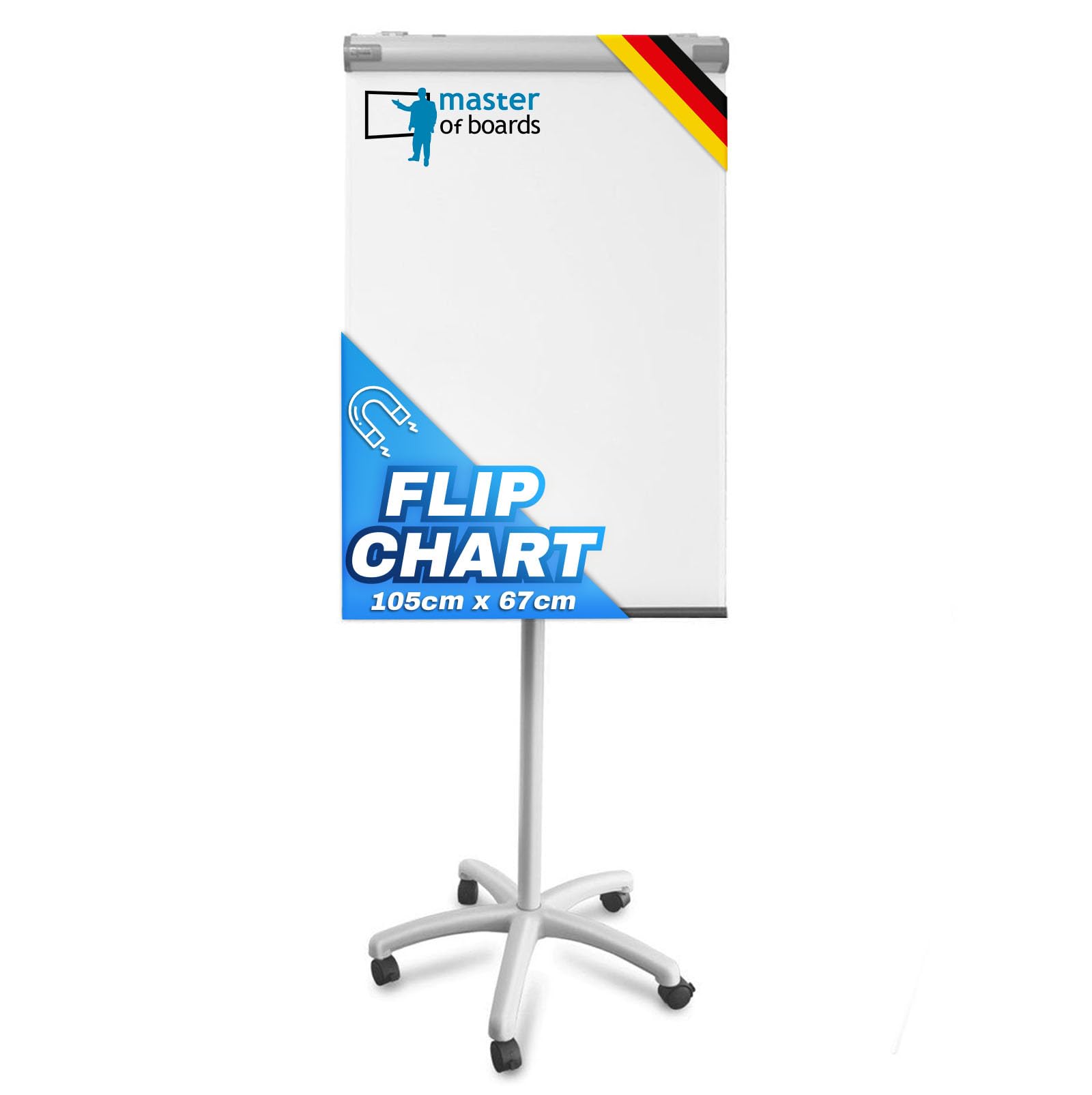 Master of Boards Flipchart | Wahlweise mit Dreibein Ständer oder Rollenfuß | beschreibbar, abwischbar, magnetisch | variable Papierhalterung, für Blöcke verschiedener Größe