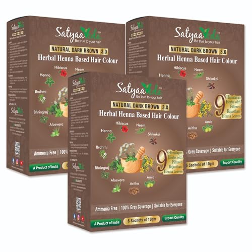 SatyaaVeda Dark Brown Ammonia Free Herbal Hair Colour with 9 Ayurvedic Herbs - Amla, Reetha, Shikakai, Aloe vera, Bhringraj, Brahmi | Grey Coverage & Natural Shine | Dye for Men & Women I 180g powder