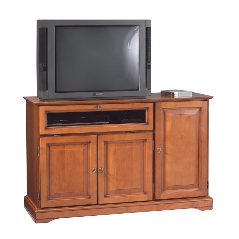 Meuble TV 55 Pouces Merisier 3 Portes 1 Abattant Vitré L 120.5 H 77 P 46.5 cm