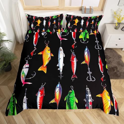 Parure de lit avec motif poisson coloré - Housse de couette sur le thème des hameçons de pêche - Motif animaux marins - Couvre-lit noir pour enfants, garçons,...