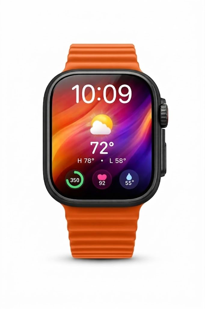 Smartwatch with Colorful Display, Heart Rate Monitor, Weather Updates, Orange Silicone Strap, Black Case