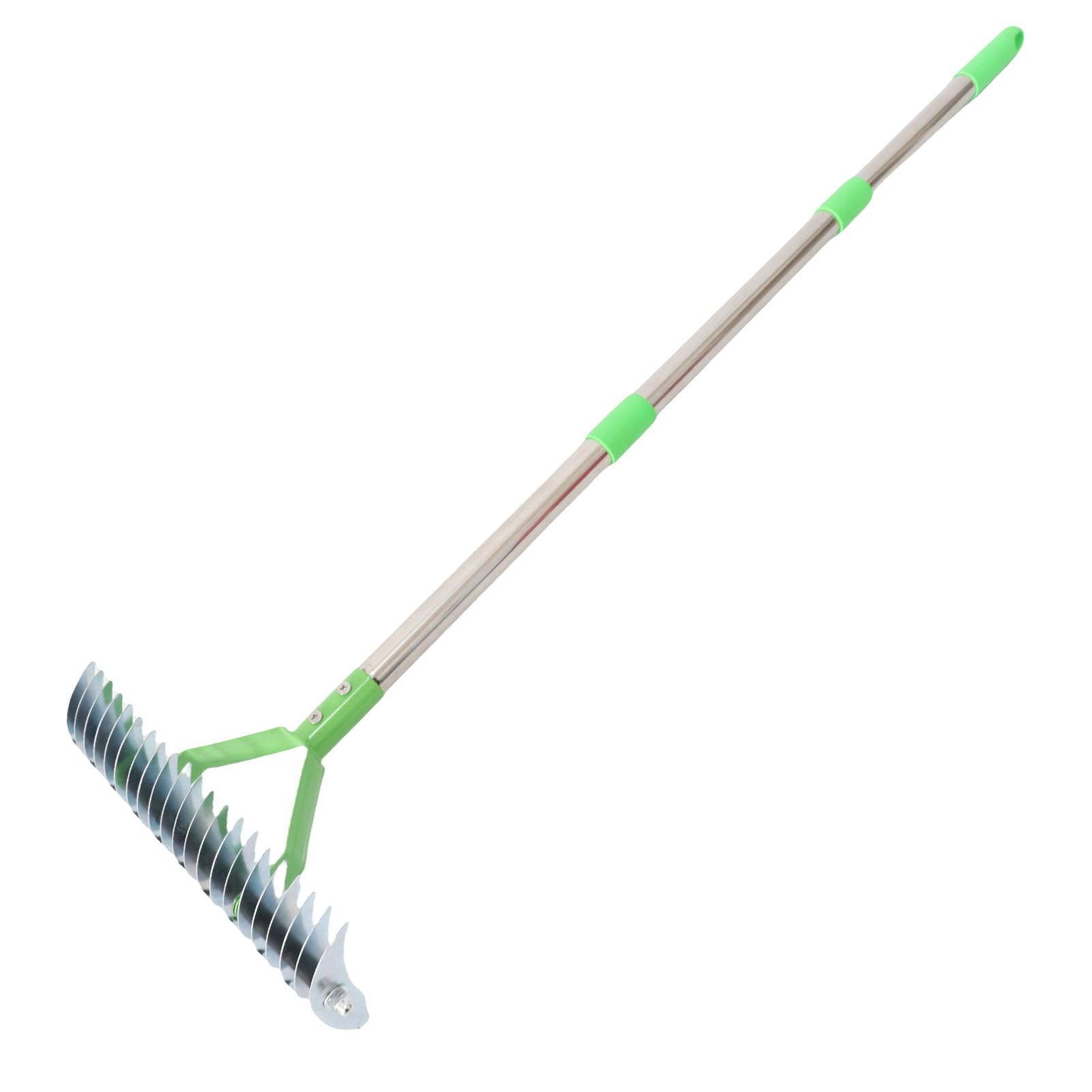 Rengue Rastrillo de Paja, Rastrillo de Césped, de Paja de 3 Secciones de Acero Inoxidable con Púas Curvas y Ergonómico para Techar, Fertilizar, Resiembra, Labrar