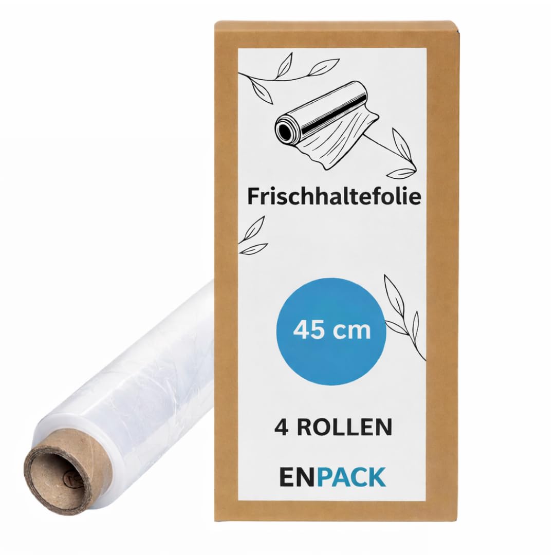 Enpack Frischhaltefolie transparent aus PE - 4 Rollen - 300m lang x 45cm breit - Großrollen Klarsichtfolie reißfest - Küchenfolie Profi-Rollen