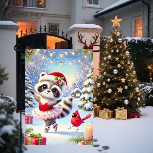 Image of BlissYard Garden Flag Raccoon Cabin Red Hat Winter 12x18 Inch Polyester