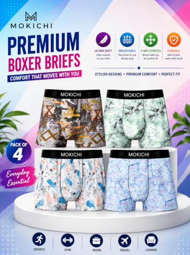 Image of Men's Printed Trunks | Boxer Brief Underwear with Broad Elastic Waistband and Contoured Pouch | Multicolour, Pack of 4