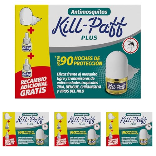KILL-PAFF - Insecticida Eléctrico Antimosquitos, Eficaz Contra Mosquito Tigre y Transmisores de Enfermedades Tropicales, Difusor, 90 Noches de Protección (Contenido: 1 difusor + 2 recambios)