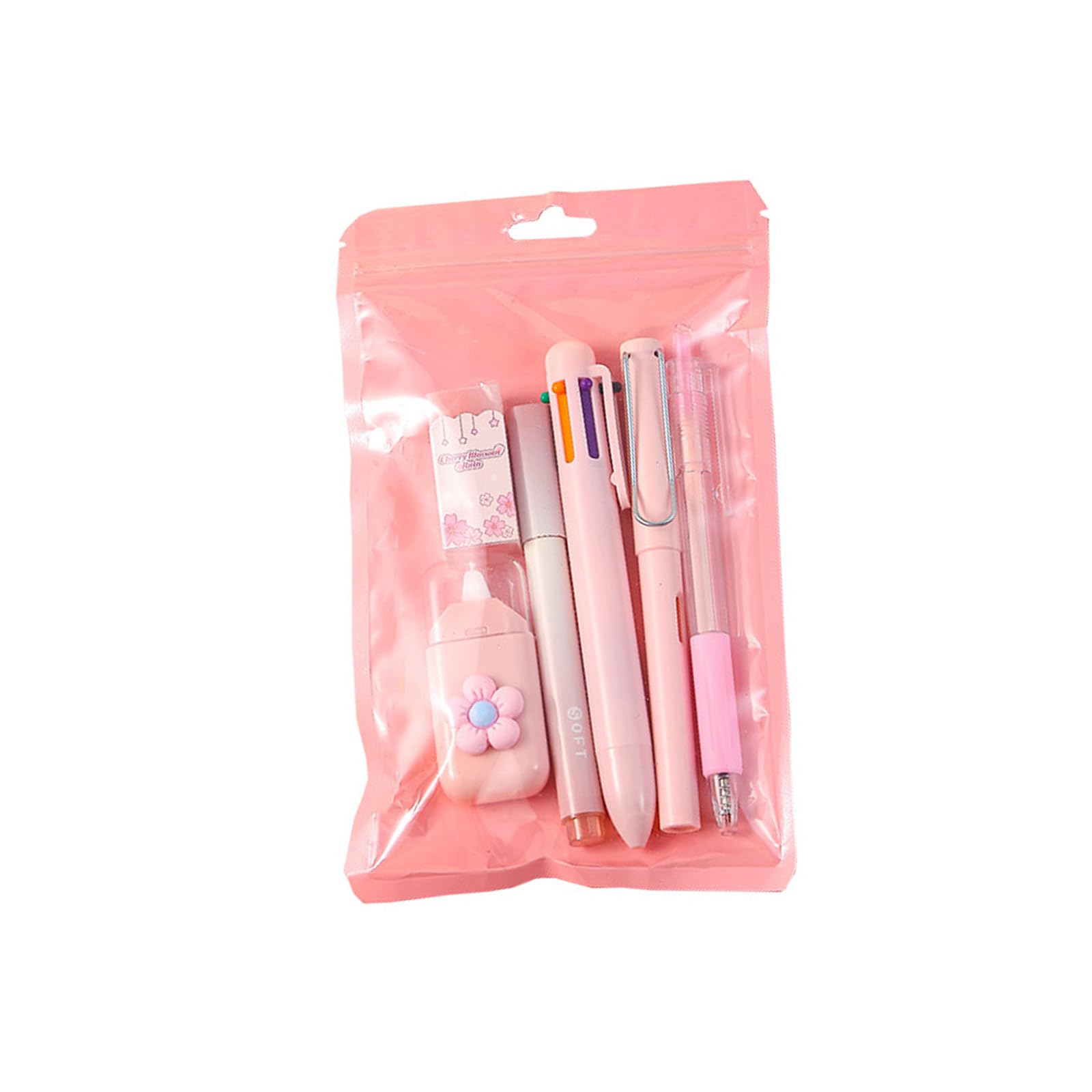 Maxtonser 6Pcs Stationeries With Multicolored Ballpoint Pen Highlighter Retractable Gel Pen Eraser Pencil Correction Tape