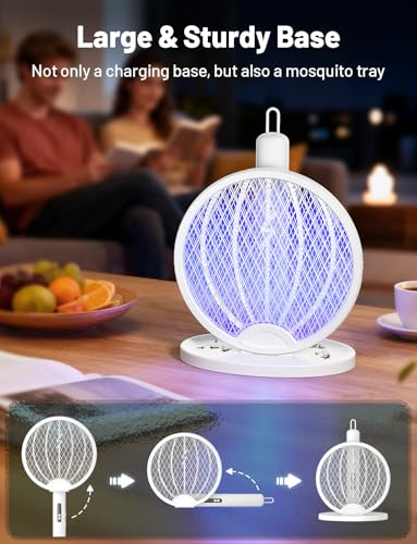 Image of YISSVIC 2 in 1 Mosquito Killer Racket, 4000V Foldable Electric Fly Swatter | Charging Base & Attractant Light, Rechargeable 1800mAh, Bug Zapper Indoor, For Home, Patio, Backyard, Camping