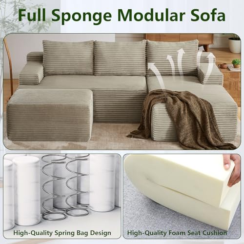 Image of 96.1 inch Modular Sectional Sofa with Ottoman, Modern Corduroy Cloud Couch, Boneless Couch Upholstered 3-Seater U-Shaped Sofa for Living Room, No Assembly (Camel, Right-Facing Chaise)