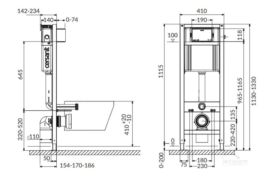ECOLAM® Set WC Wand Vorwandelement Toilette Brava weiß Clean on spüllrandlos hängend Tiefspül + WC-Sitz Soft Close + Betätigungsplatte – Bild 6