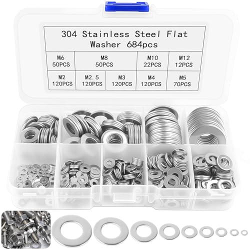 Muyohix 684 Pièces Rondelles Metal, Rondelles Plates Inoxydable, Rondelles Entretoises Rondes avec 1 Boîte D'Assortiment, pour L'étanchéité Vis et Boulons, 9 Tailles - M2 M2.5 M3 M4 M5 M6 M8 M10 M12