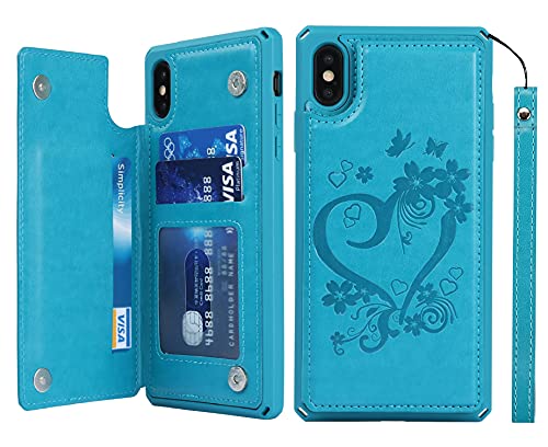 Étui portefeuille iPhone X XS bleu cœur avec dragonne idée cadeau idéal
