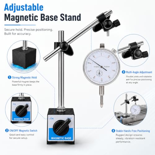 Image of Dial Indicator Gauge with Adjustable Magnetic Base Stand 0-10mm Measuring Range 0.01mm Graduation Precision Measurement Tool for Engineering Automotive CNC Machining Industrial Inspection