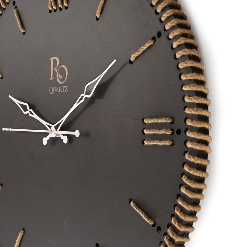 Image of Wooden Round Shape Roman Dial Analog Clock with Silver Hands and Golden Jute Rope Detailing | Silent Quartz Movement Anti Reflection Wall Clock for Home and Office (Black, 15.5 Inch)