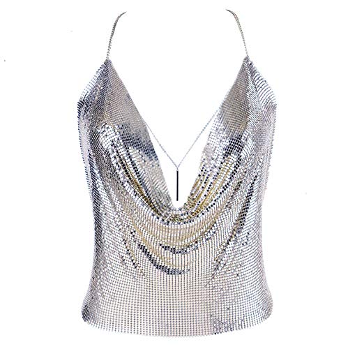 Gold Sexy Tops for Women Sparkly Deep V Neck Crop Tank Tops Cami Body Chain Top
