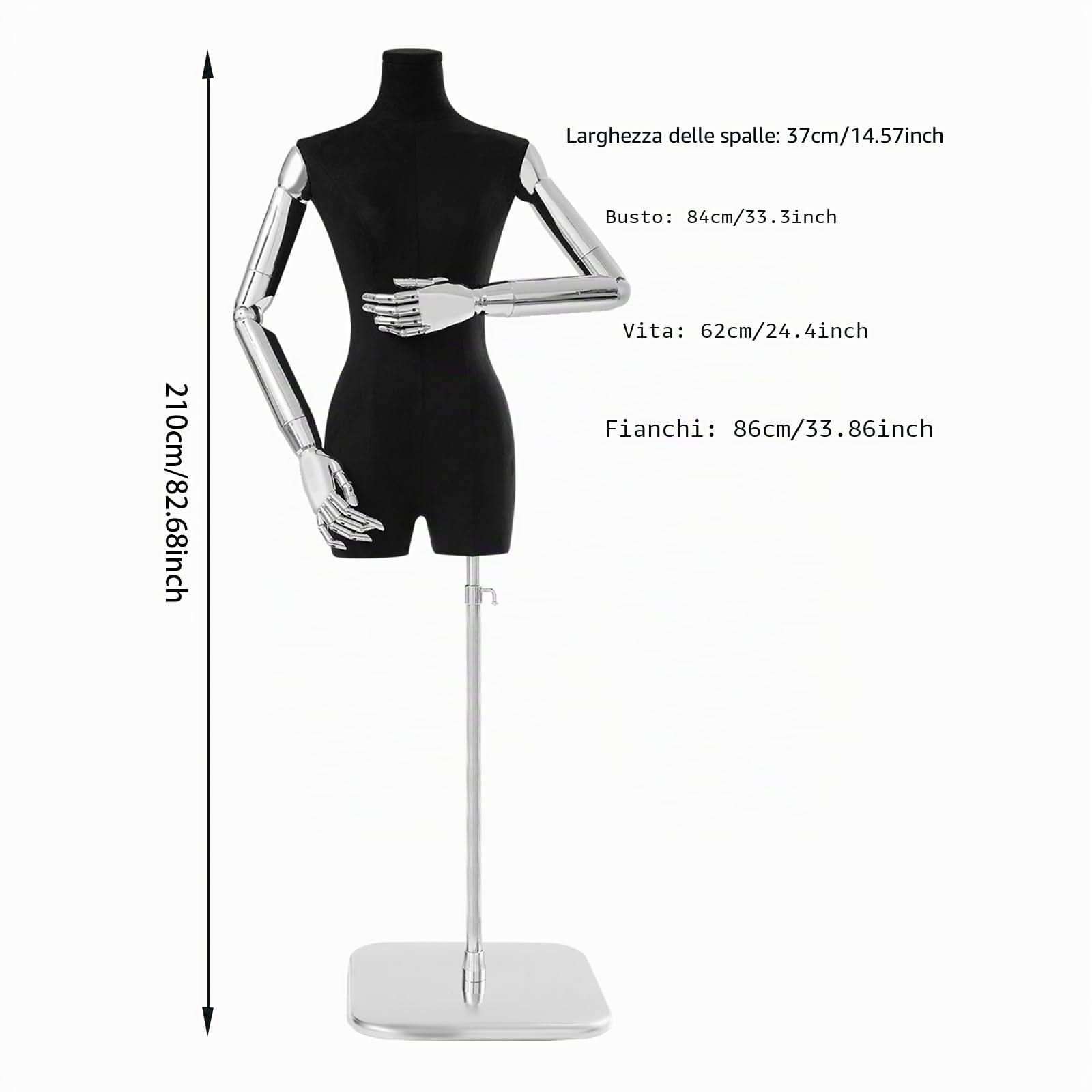 Manichino da donna, altezza regolabile, 120-210 cm, alla moda, per negozi di abbigliamento e moda da sposa, con braccia rimovibili (nero, 120-210 cm)