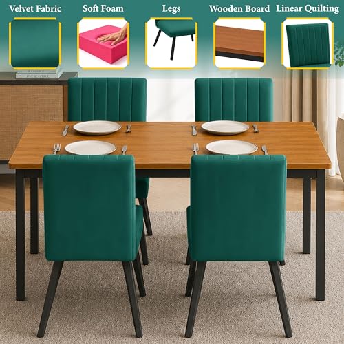 Image of Rosebell Set of 4 Dining Table Chairs with Wooden Top Table, Upholstered Cushioned Chairs, Modern Compact Dining Set for Home, Kitchen & Dining Room (Green)