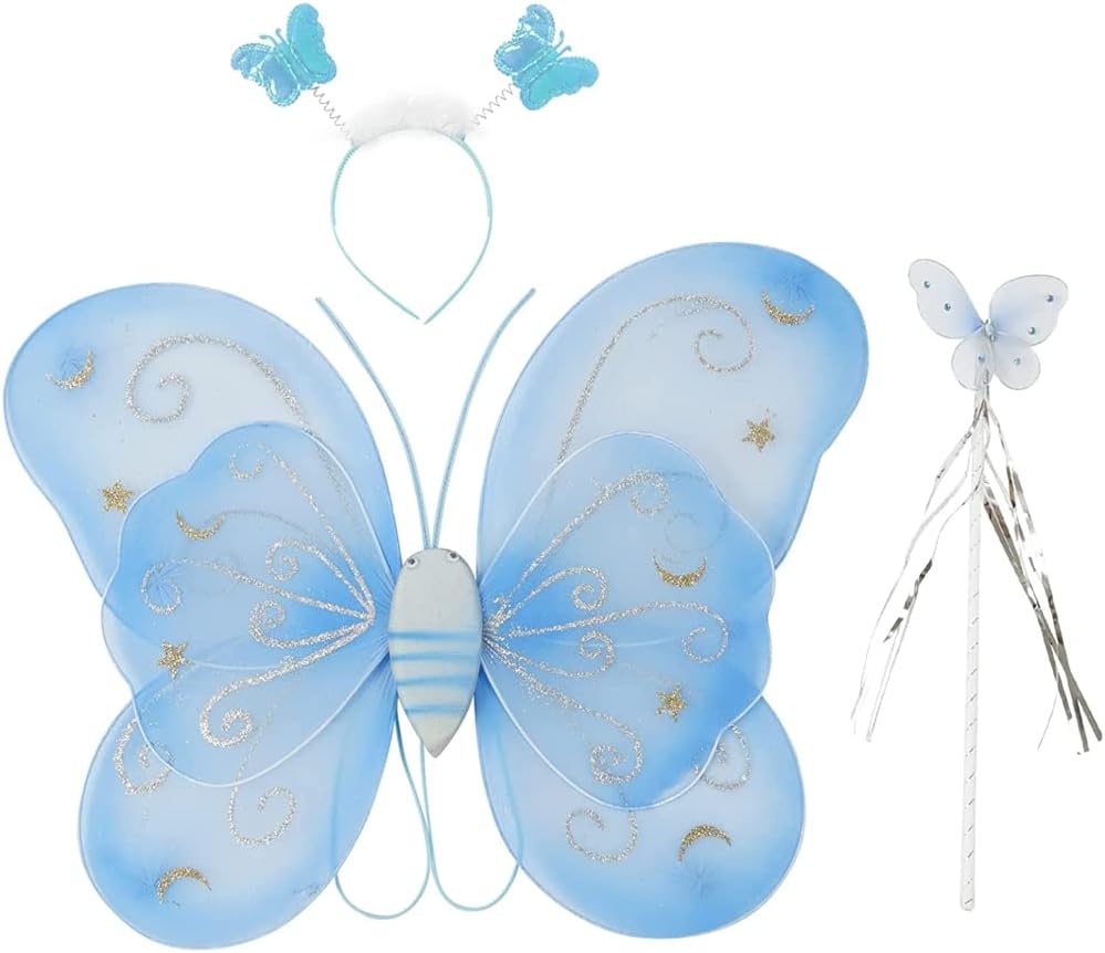 ELECDON Dress Up Wings, 3 Pack Butterfly Fairy Wings Girls Princess Dress Up Angel Wings Costume Birthday Party Accessories (Blue)