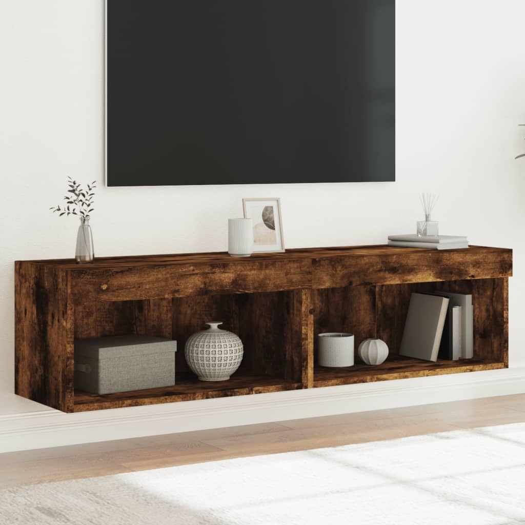 Szafki pod TV LED 2 szt przydymiony dąb 60x30x30 cm meble RTV ścienne z oświetleniem RGB do salonu sypialni duża przestrzeń do przechowywania drewnopochodne