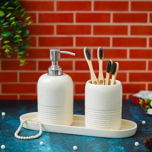 Image of Bathroom Accessories Set of 3 | White Ceramic Soap Dispenser, Toothbrush Holder & Tray | Half-Strip, Lotion Pump Organizer, Countertop Bathroom Decor for Home, Wash Basin & Hotels