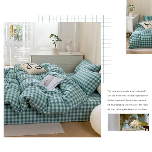 Image of VM VOUGEMARKET Green Gingham Duvet Cover Set Queen Size | Blue Green Plaid Duvet Cover with Zipper Ties, 2 Pillowcases, 100% Washed Cotton, Luxury Soft Breathable Durable