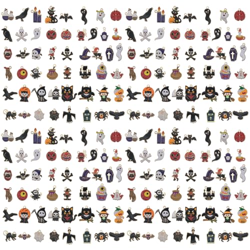 Sailanzi 50pcs Alloy enamel Halloween series Pumpkin Castle Black Cat Spider Jewelry Making DIY Keychain Earrings Pendant Various Design Charms for Jewelry Making Bracelets Necklace (SN930)