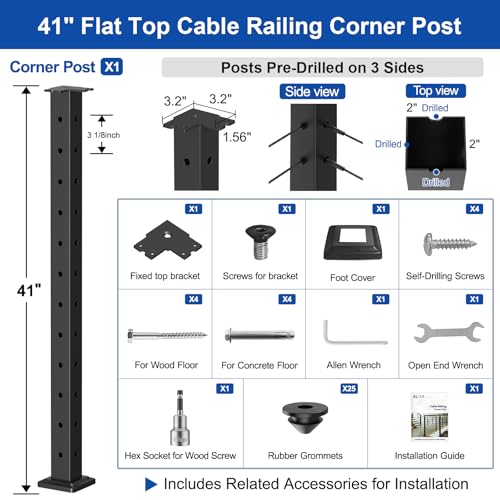 Image of BLIKA 42 inch Cable Railing Corner Post(Post 41 inchx2 inchx2 inch), 3-Side Drilled Flat Top Surface Mount Corner Post, Stainless Steel Black Handrail Corner Post for Cable Railing Kits, BL05-CP