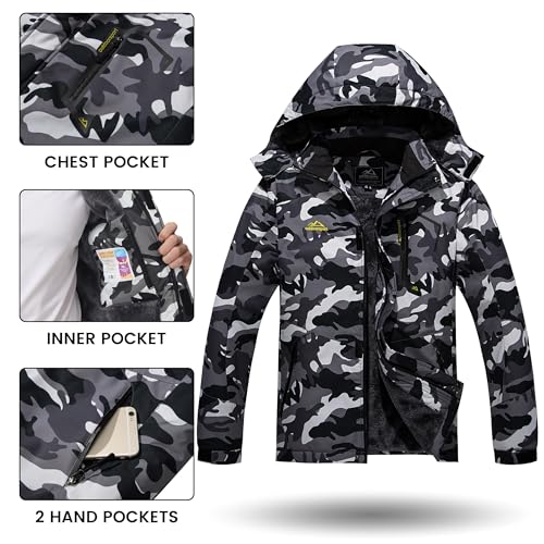 TACVASEN Herren Arbeitsjacke Winter Angeljacke Übergangsjacke Regenjacke Outdoorjacke Wasserdicht Atmungsaktiv Winddicht, Schwarz Camo, M