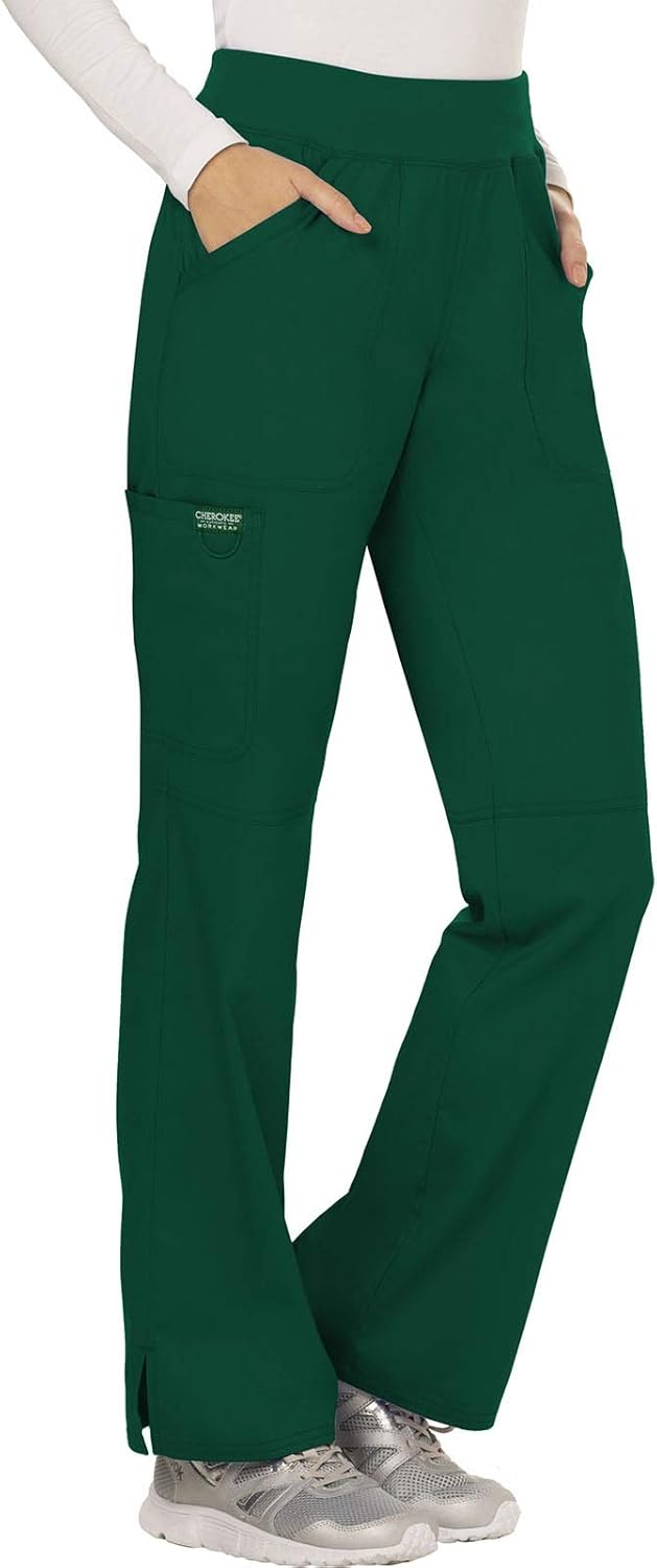 Cherokee Women Scrubs Pant Workwear Revolution Mid Rise Straight Leg Pull-On WW110 Medium Petite Hunter Green