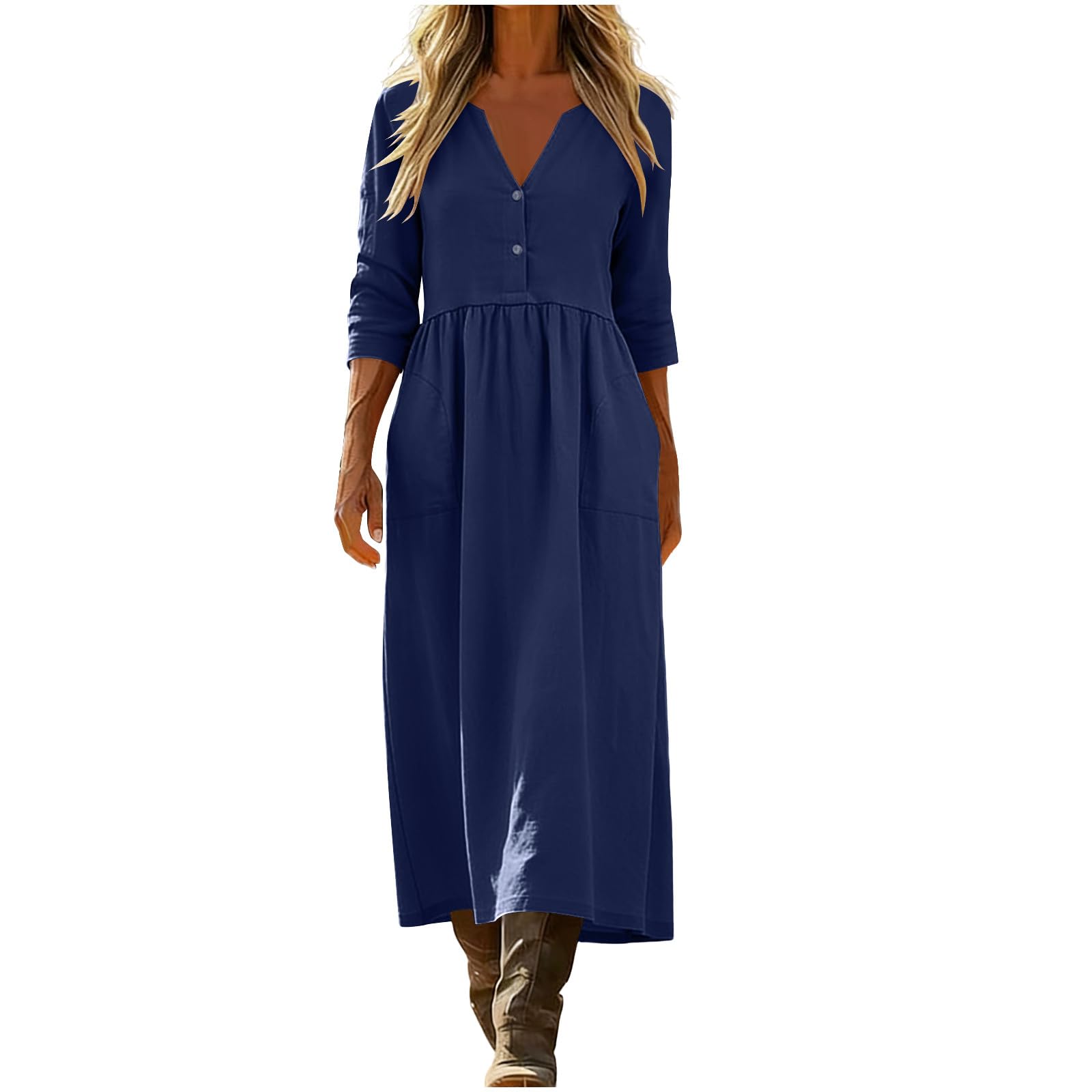 Generico Vestiti Donna Estivi Lino Vestito Lungo in Cotone a Maniche a 3/4 Morbido Abito Scollo a V Boho Chic Leggeri Vestito Comodo con Tasche Abiti Mare Casual Tinta Unita Vestiti Baggy da Spiaggia