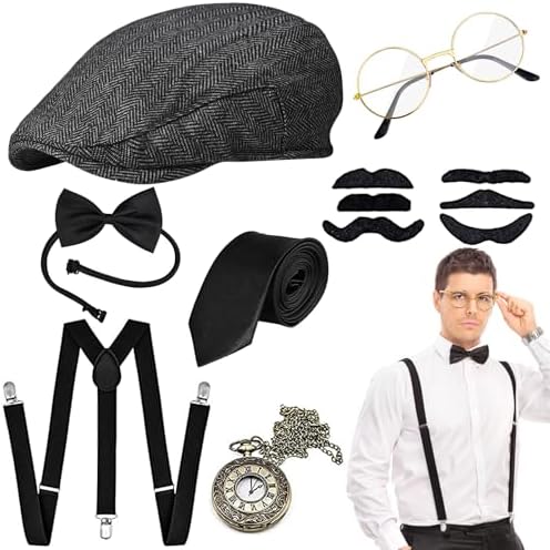 Tigvio 20er Jahre Kostüm Herren, Mafia Peaky Blinders Gatsby Gangster Accessoires Mit Panamahut, Hosenträger, Taschenuhren, Brille, Fliege, Krawatte, Bärte