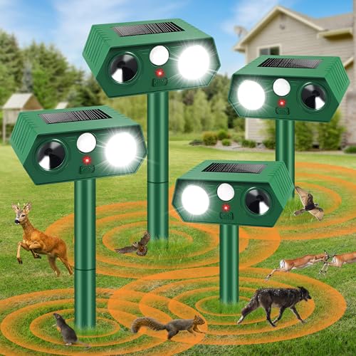 Paquete de 4 repelentes solares ultrasónicos para gatos, disuasivos de zorros con sensor de movimiento PIR y luz intermitente, repelente impermeable de animales salvajes para jardín, patio, perro